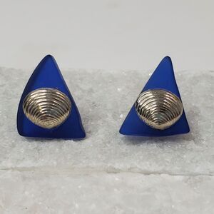 Blue Sea Glass & Silver Tone Shell Triangle Earrings